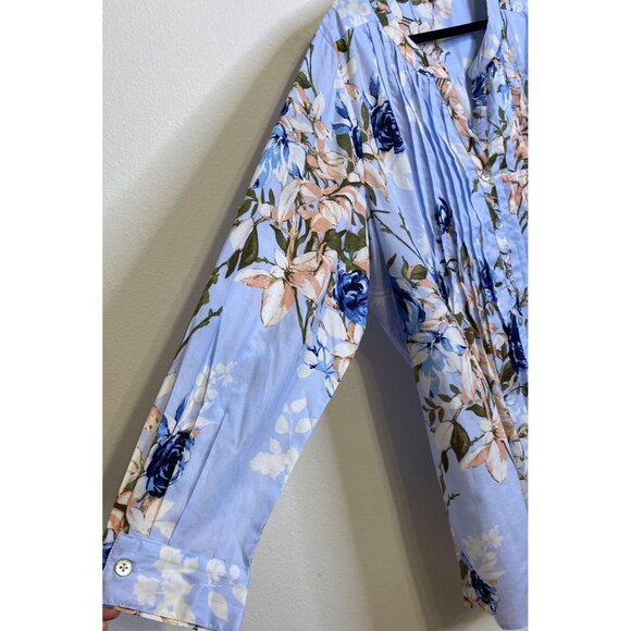 Roamans BLUE Floral Pintuck Button Front Tunic Top Size 22W Long Sleeve Tropical - Picture 2 of 4
